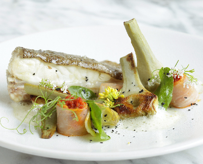 Pavé de turbot, artichauts barigoule et soubressade