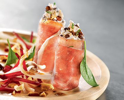 Rouleau de jambon cru au quinoa, lentilles et chèvre frais