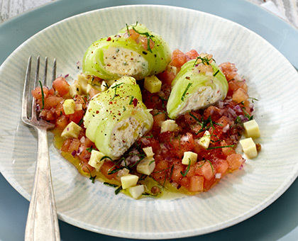 Cannellonis de feta, tartare de tomates et champignons