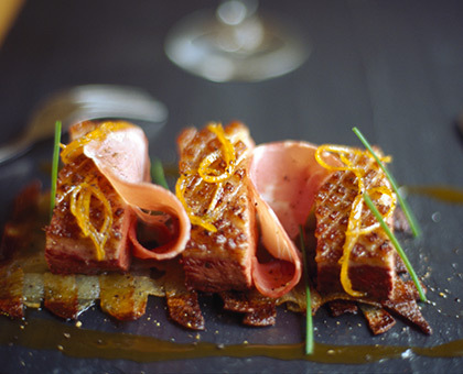 Magret de canard à l\'orange, Coppa Aoste et tagliatelles de pomme de terre