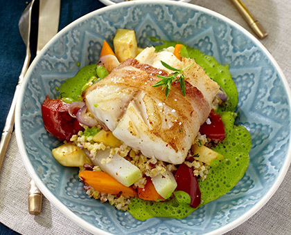 Couscous de Cabillaud au lard émulsion de cresson