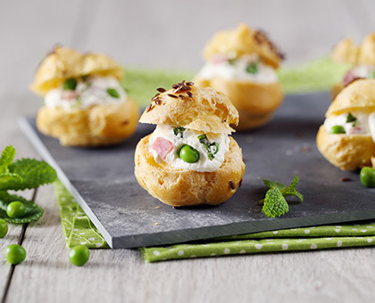 Petits choux menthe, jambon et petits pois