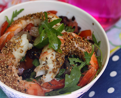 Salade de Gambas, agrumes & riz vénéré