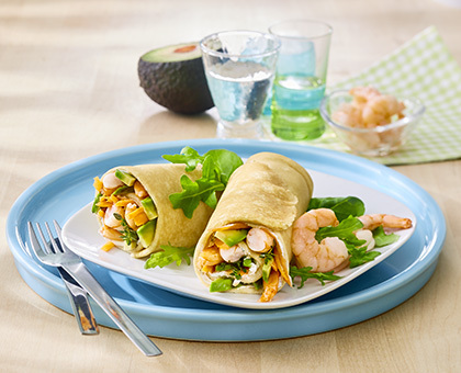 Crêpes aux crevettes, fromage frais et avocat
