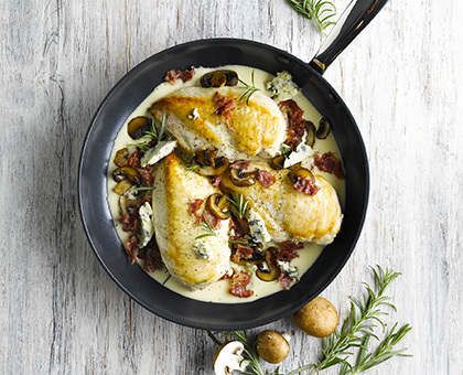 Filets de dinde à la sauce crémeuse à la pancetta et aux champignons