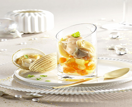 Verrine de pommes de terre Potiron et praires, mayonnaise légère à l\'huile de homard