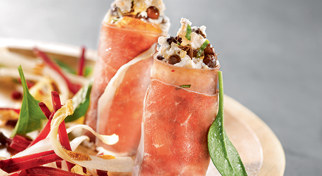 Rouleau de jambon cru au quinoa, lentilles et chèvre frais