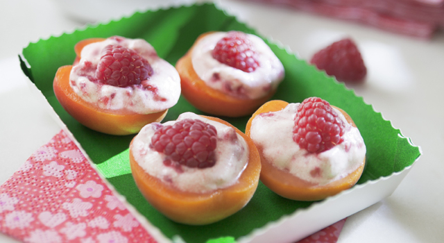 Abricots, crème tiramisu aux framboises