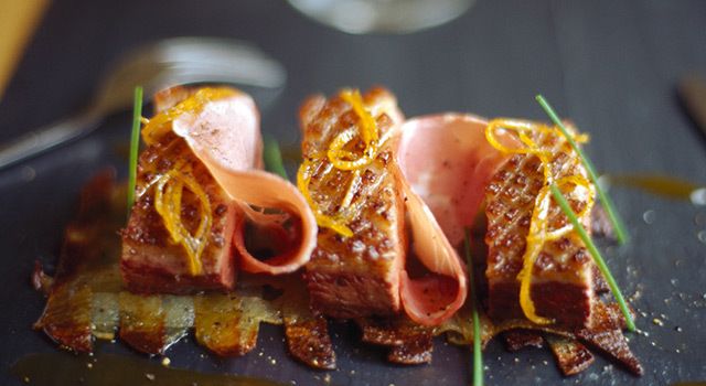 Magret de canard à l'orange, Coppa Aoste et tagliatelles de pomme de terre