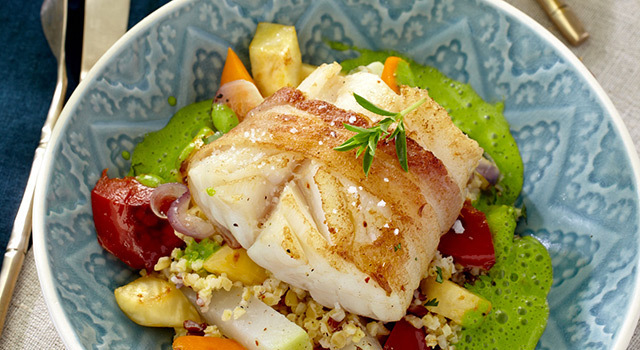 Couscous de Cabillaud au lard émulsion de cresson