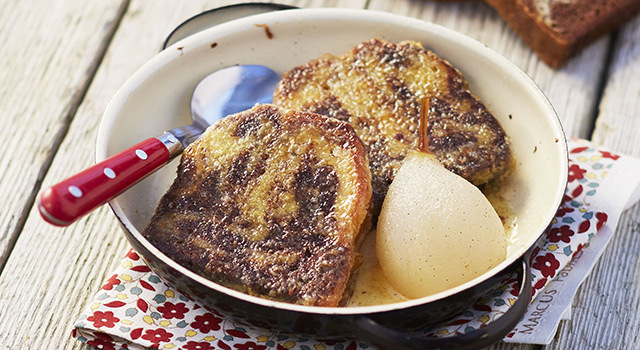 Marbré façon pain perdu  et sa poire pochée à la vanille