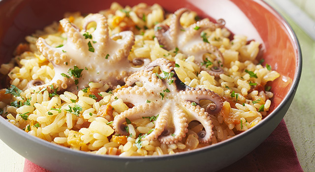 Riz à poêler chorizo et tomate séchées - Poulpes marinés