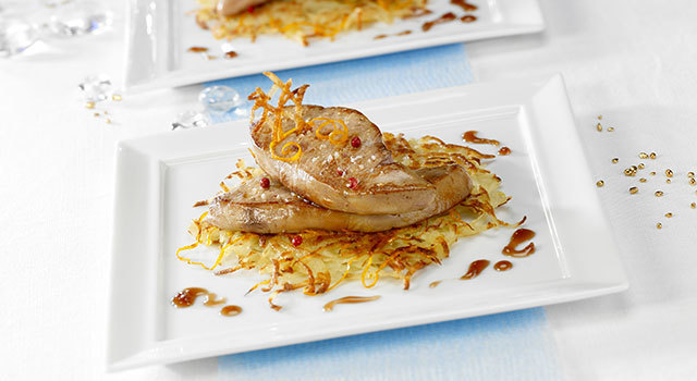 Foie gras Montfort poêlé sur paillasson de pomme de terre à l’orange