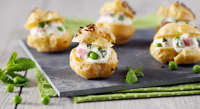 Petits choux menthe, jambon et petits pois
