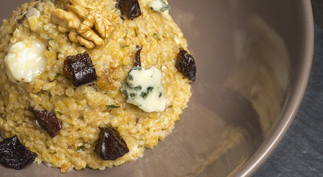 Risotto de boulgour au gorgonzola et pruneau d’Agen