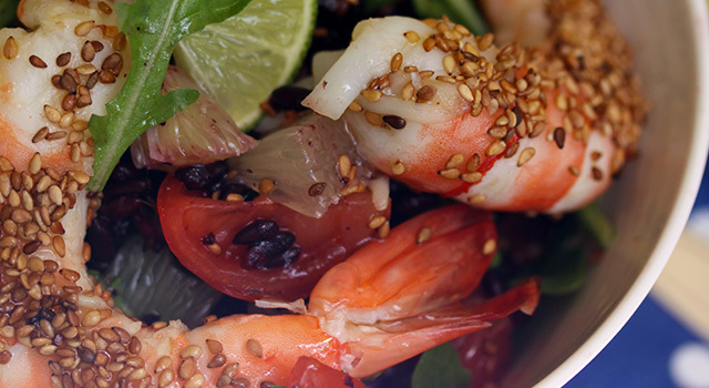 Salade de Gambas, agrumes & riz vénéré