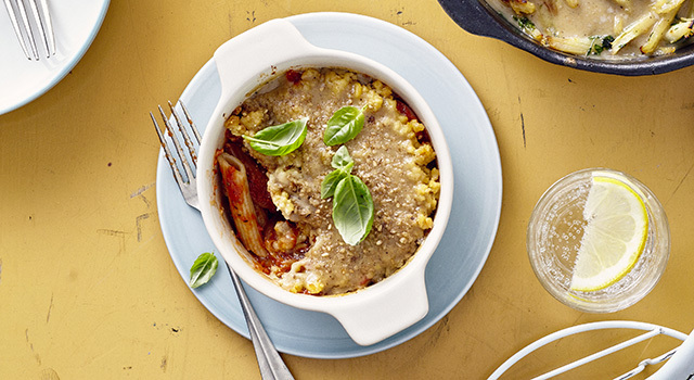 Gratin de penne de Kamut®, sauce tomate au seitan