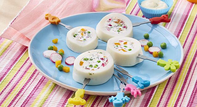 Sucettes de calmars farcis aux radis, petits pois & fromage frais