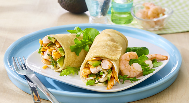 Crêpes aux crevettes, fromage frais et avocat