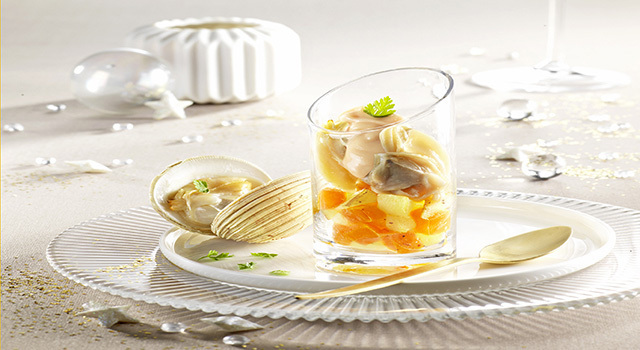 Verrine de pommes de terre Potiron et praires, mayonnaise légère à l'huile de homard